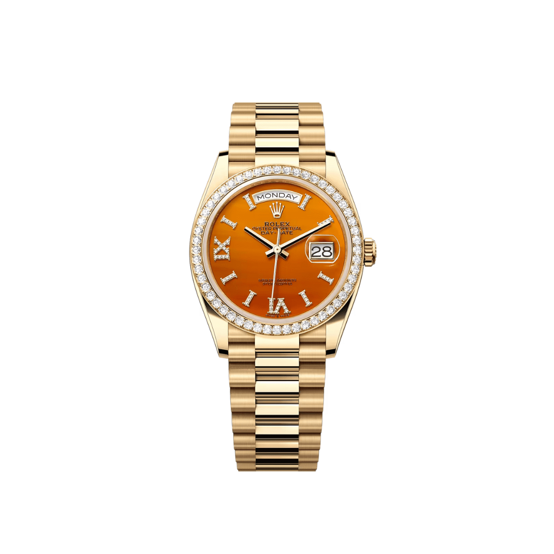 Rolex Day-Date 36 Yellow Gold Carnelian Dial Diamond Bezel 128348RBR Wrist Aficionado