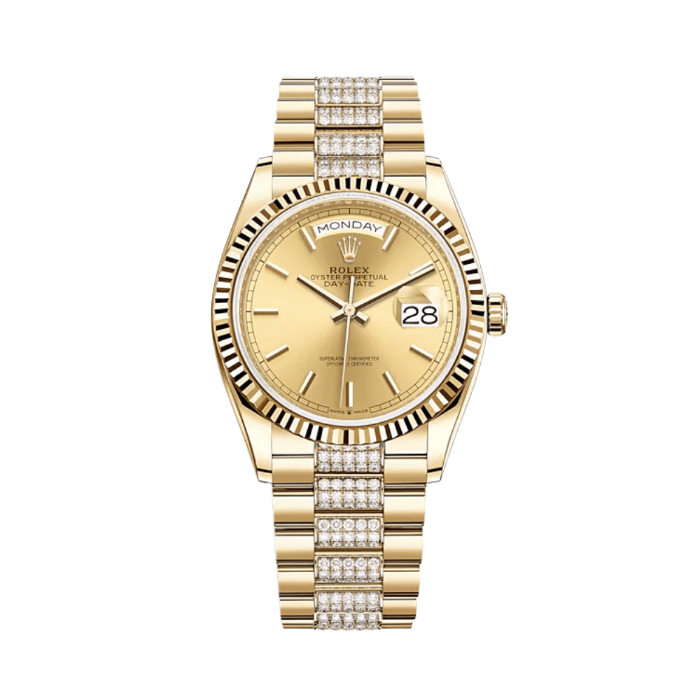 Luxury Watch Rolex Day-Date 36 Yellow Gold Champagne Dial Diamond Bracelet 128238 Wrist Aficionado