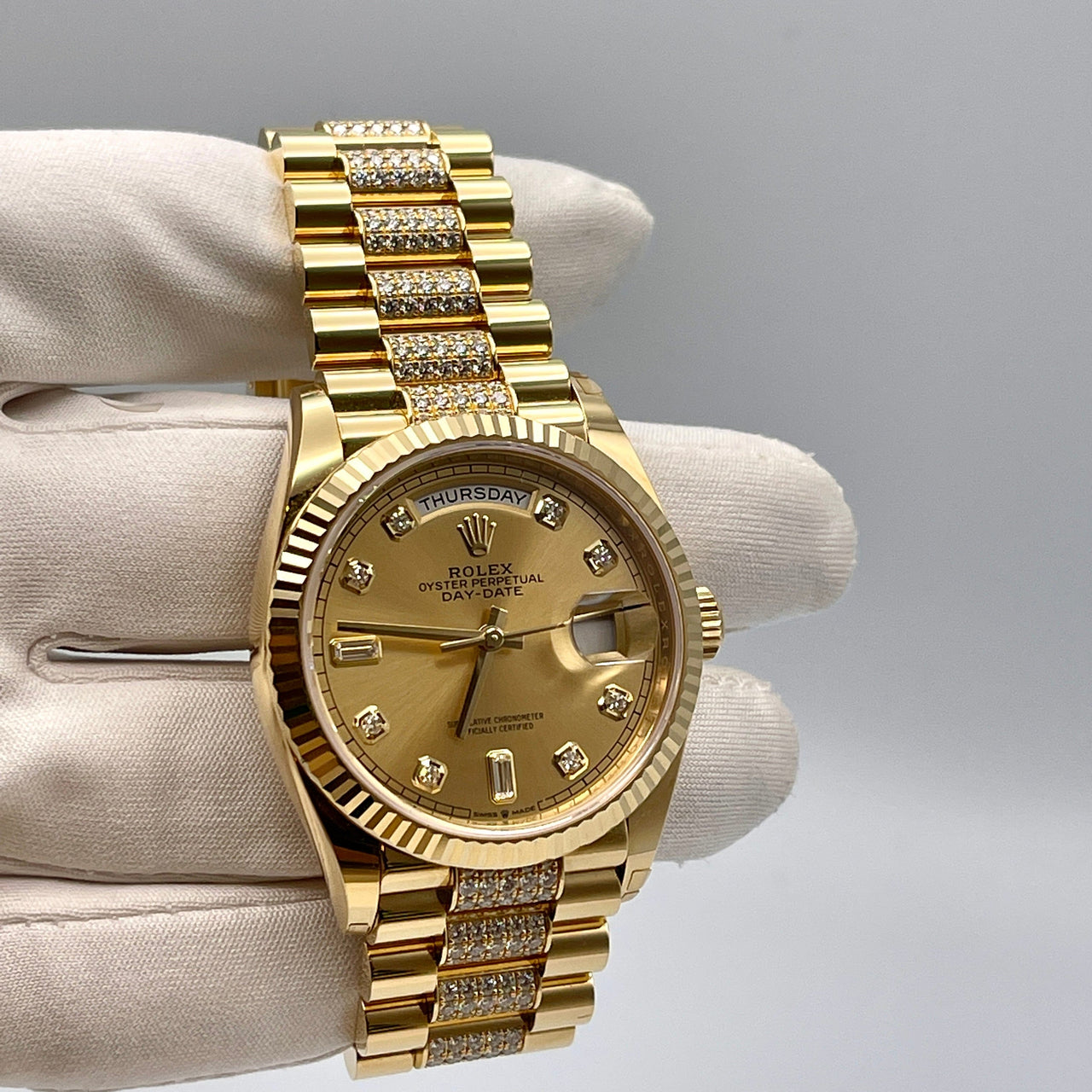 Luxury Watch Rolex Day-Date 36 Yellow Gold Champagne Diamond Dial 128238 Wrist Aficionado