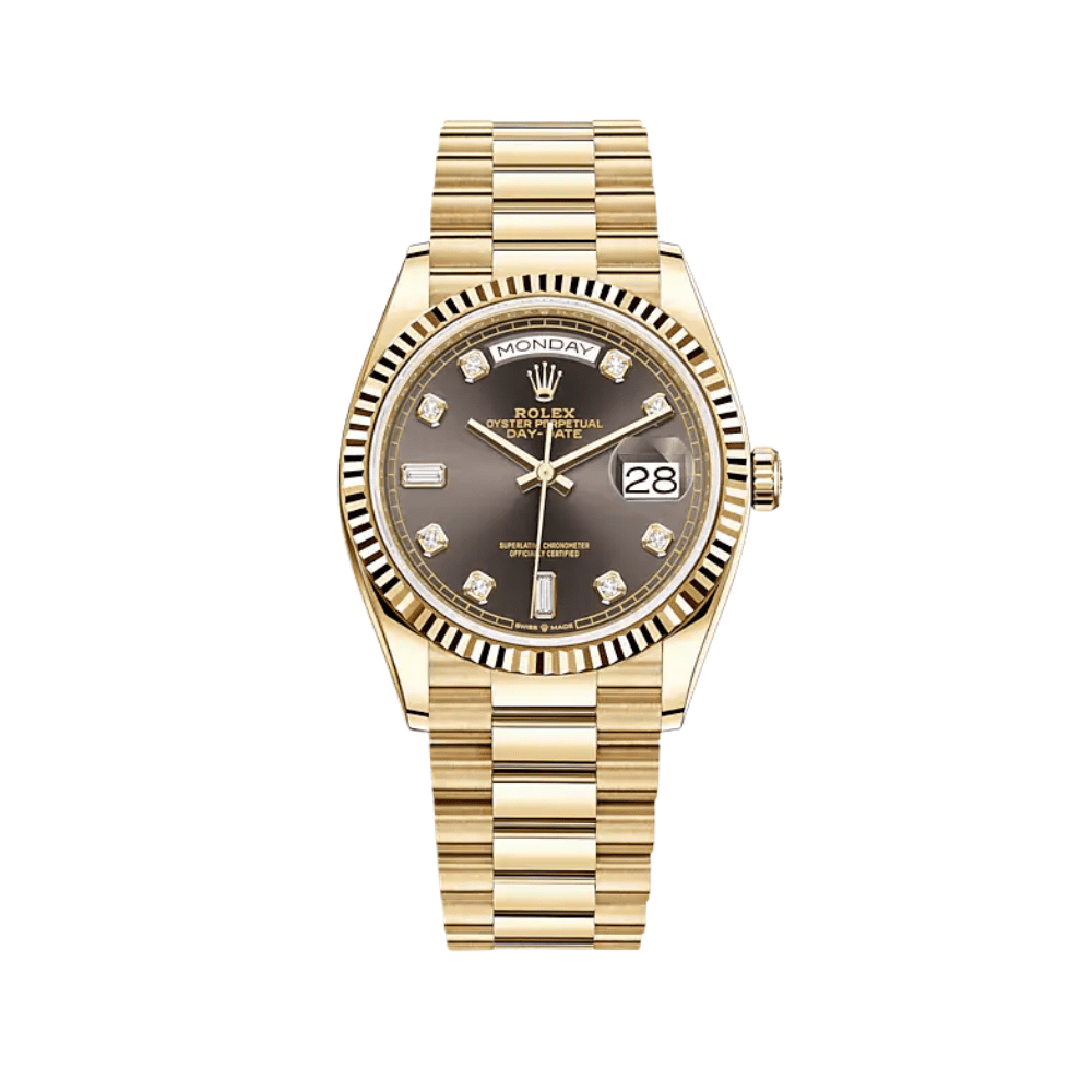 Luxury Watch Rolex Day-Date 36 Yellow Gold Dark Grey Diamond Dial 128238 Wrist Aficionado