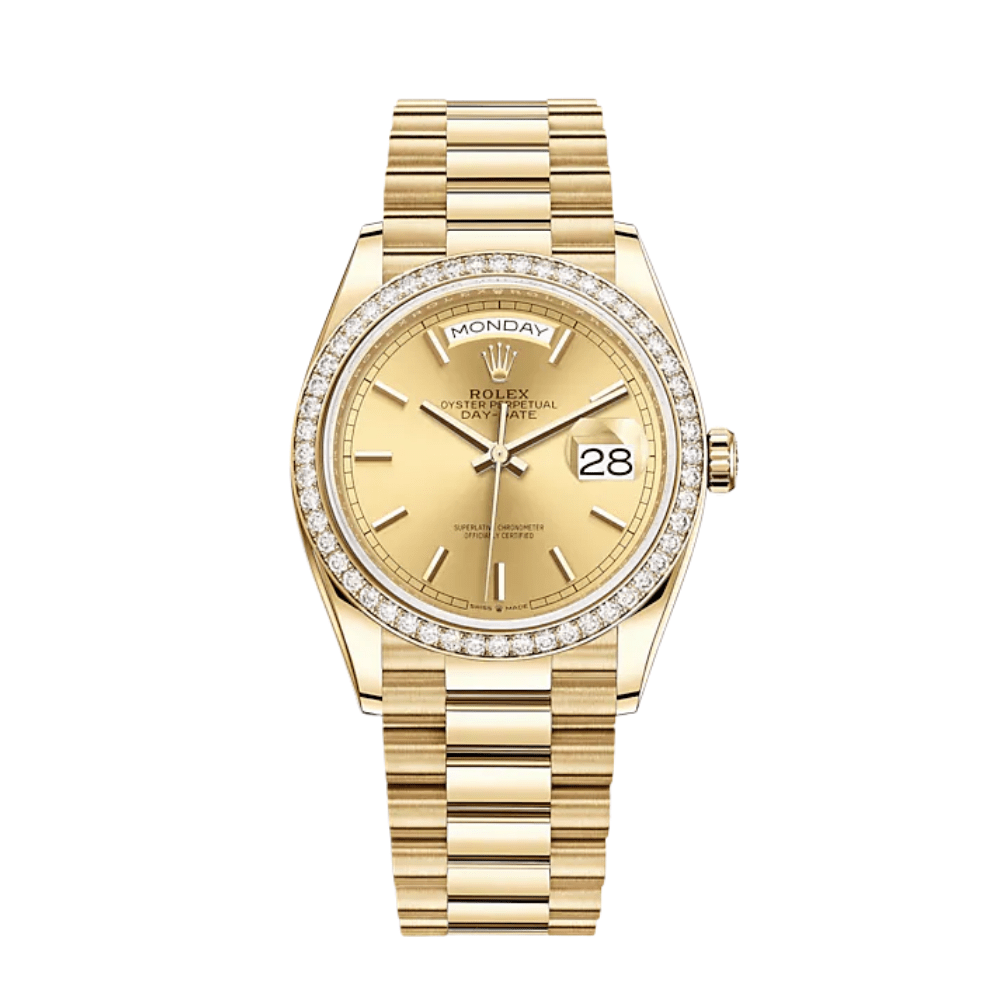 Luxury Watch Rolex Day-Date 36 Yellow Gold Diamond Bezel Champagne Dial 128348RBR Wrist Aficionado