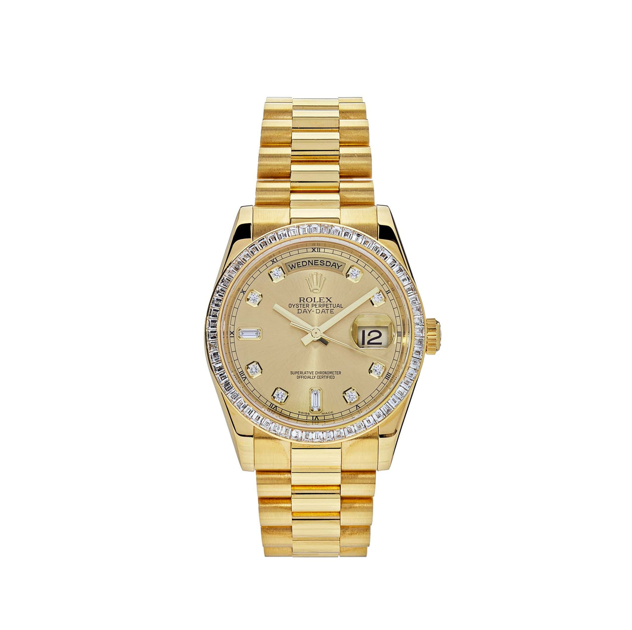 Luxury Watch Rolex Day-Date 36 Yellow Gold Diamond Bezel Champagne Diamond Dial 118398BR Wrist Aficionado