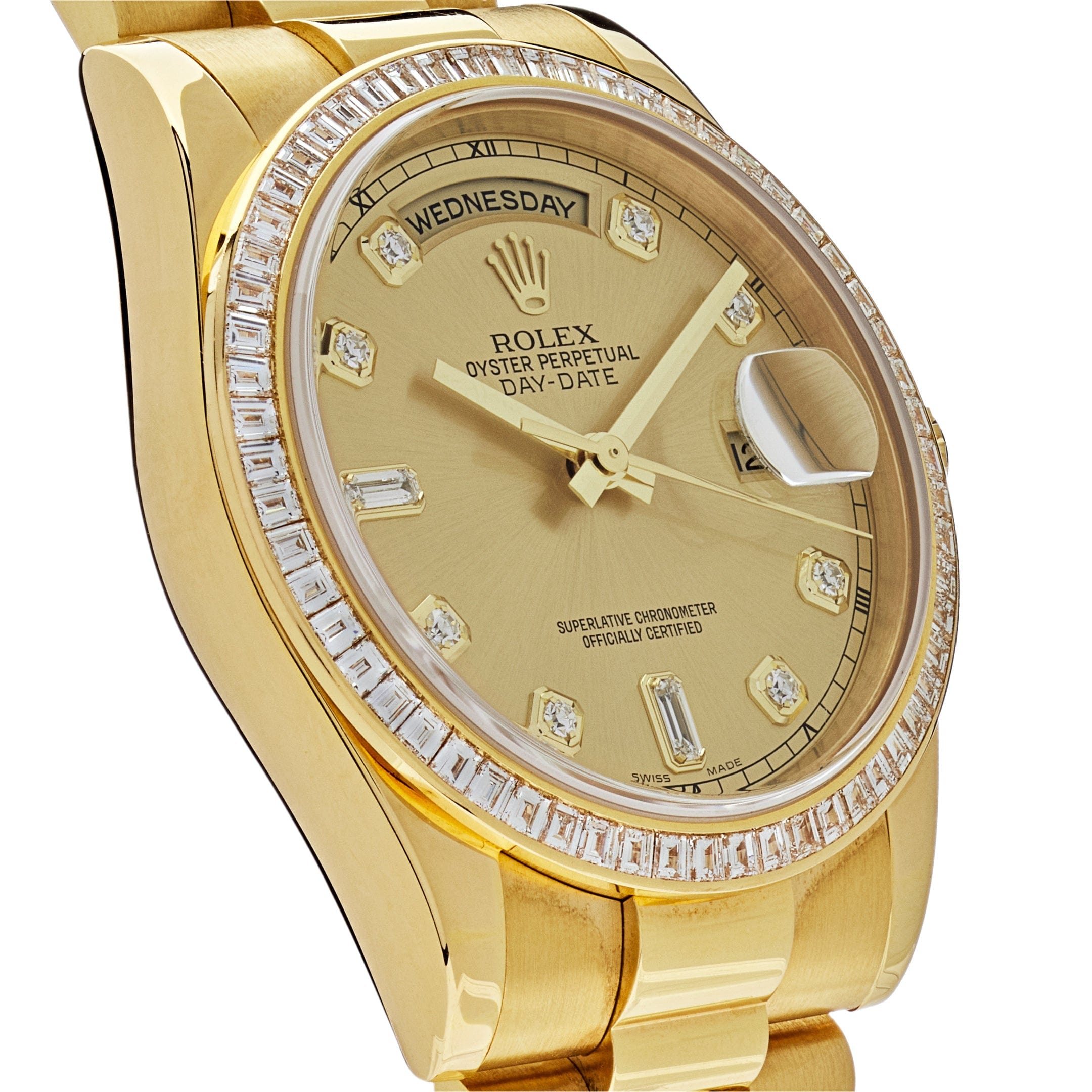 Luxury Watch Rolex Day-Date 36 Yellow Gold Diamond Bezel Champagne Diamond Dial 118398BR Wrist Aficionado