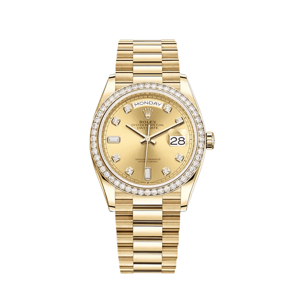 Luxury Watch Rolex Day-Date 36 Yellow Gold Diamond Bezel Champagne Diamond Dial 128348RBR Wrist Aficionado