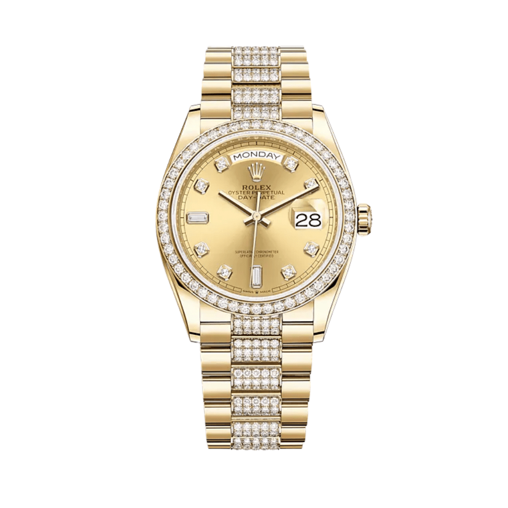 Rolex Day-Date 36 128348RBR Yellow Gold Diamond Bezel Champagne Diamond Dial
