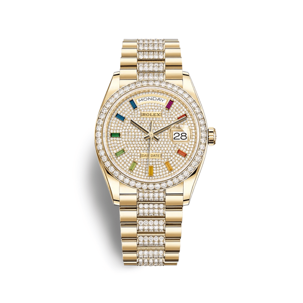 Luxury Watch Rolex Day-Date 36 Yellow Gold Diamond Bezel Diamond Paved Dial 128348RBR Wrist Aficionado