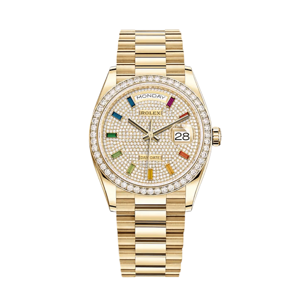 Luxury Watch Rolex Day-Date 36 Yellow Gold Diamond Bezel Diamond Paved Dial 128348RBR Wrist Aficionado