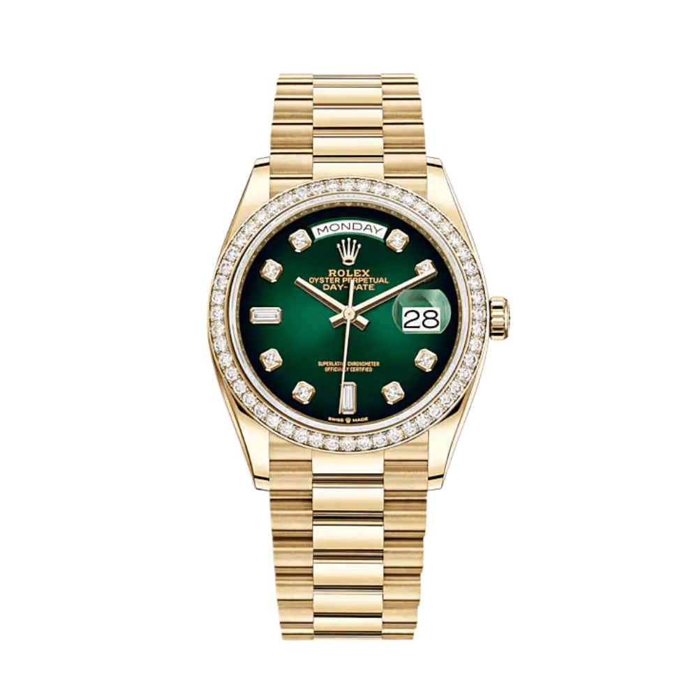 Luxury Watch Rolex Day-Date 36 Yellow Gold Diamond Bezel Green Diamond Dial 128348RBR Wrist Aficionado