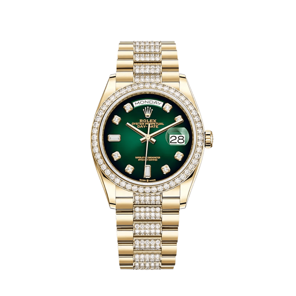 Rolex Day-Date 36 128348RBR Yellow Gold Diamond Bezel Green Diamond Dial