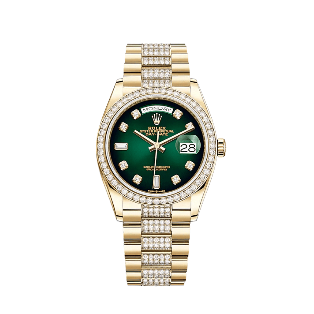 Luxury Watch Rolex Day-Date 36 Yellow Gold Diamond Bezel Green Diamond Dial 128348RBR Wrist Aficionado