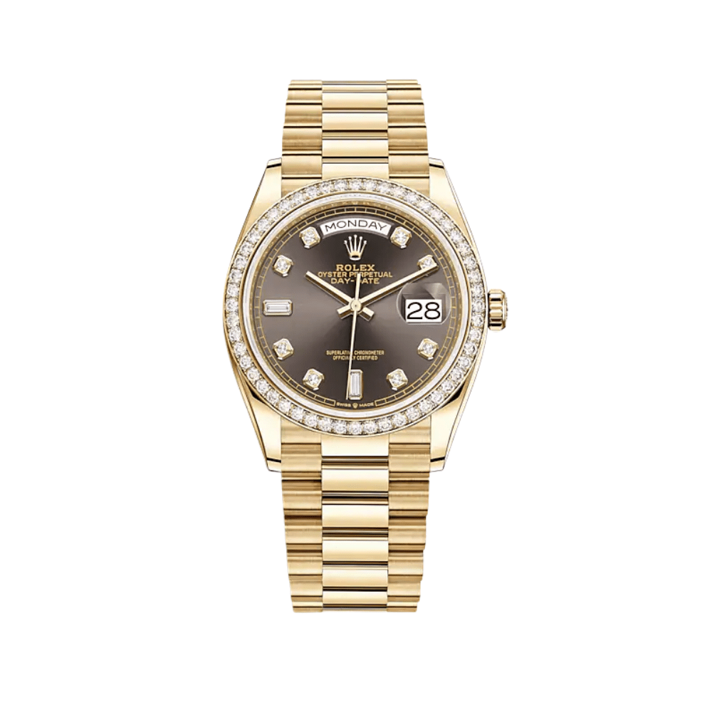 Luxury Watch Rolex Day-Date 36 Yellow Gold Diamond Bezel Grey Diamond Dial 128348RBR Wrist Aficionado