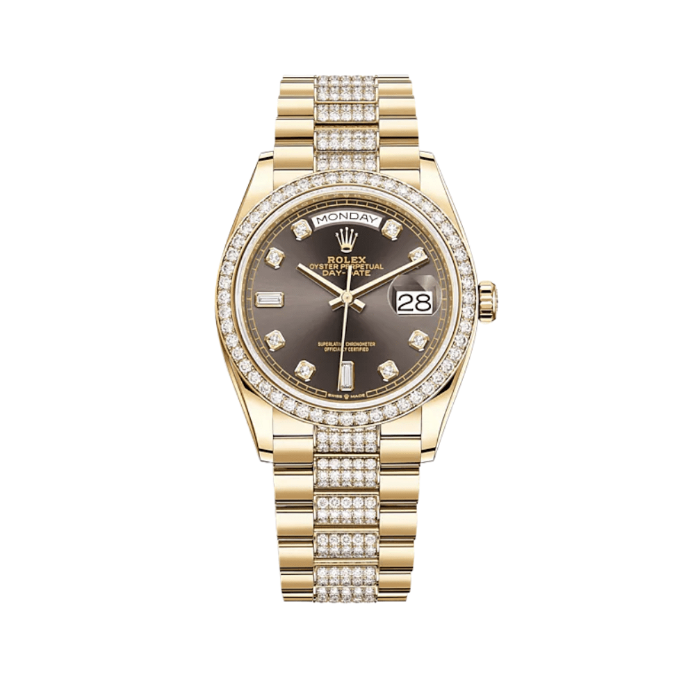Luxury Watch Rolex Day-Date 36 Yellow Gold Diamond Bezel Grey Diamond Dial 128348RBR Wrist Aficionado