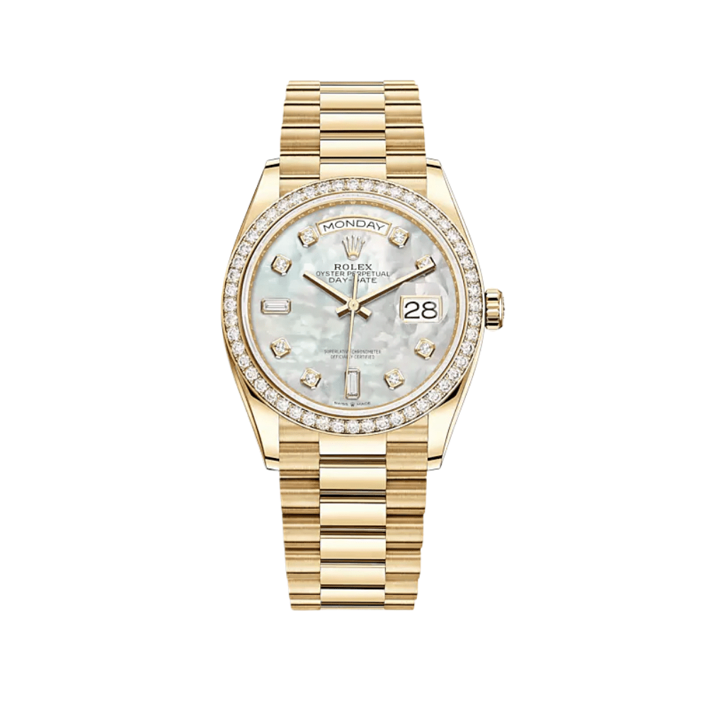 Rolex Day-Date 36 128348RBR Yellow Gold Diamond Bezel Mother of Pearl Diamond Dial