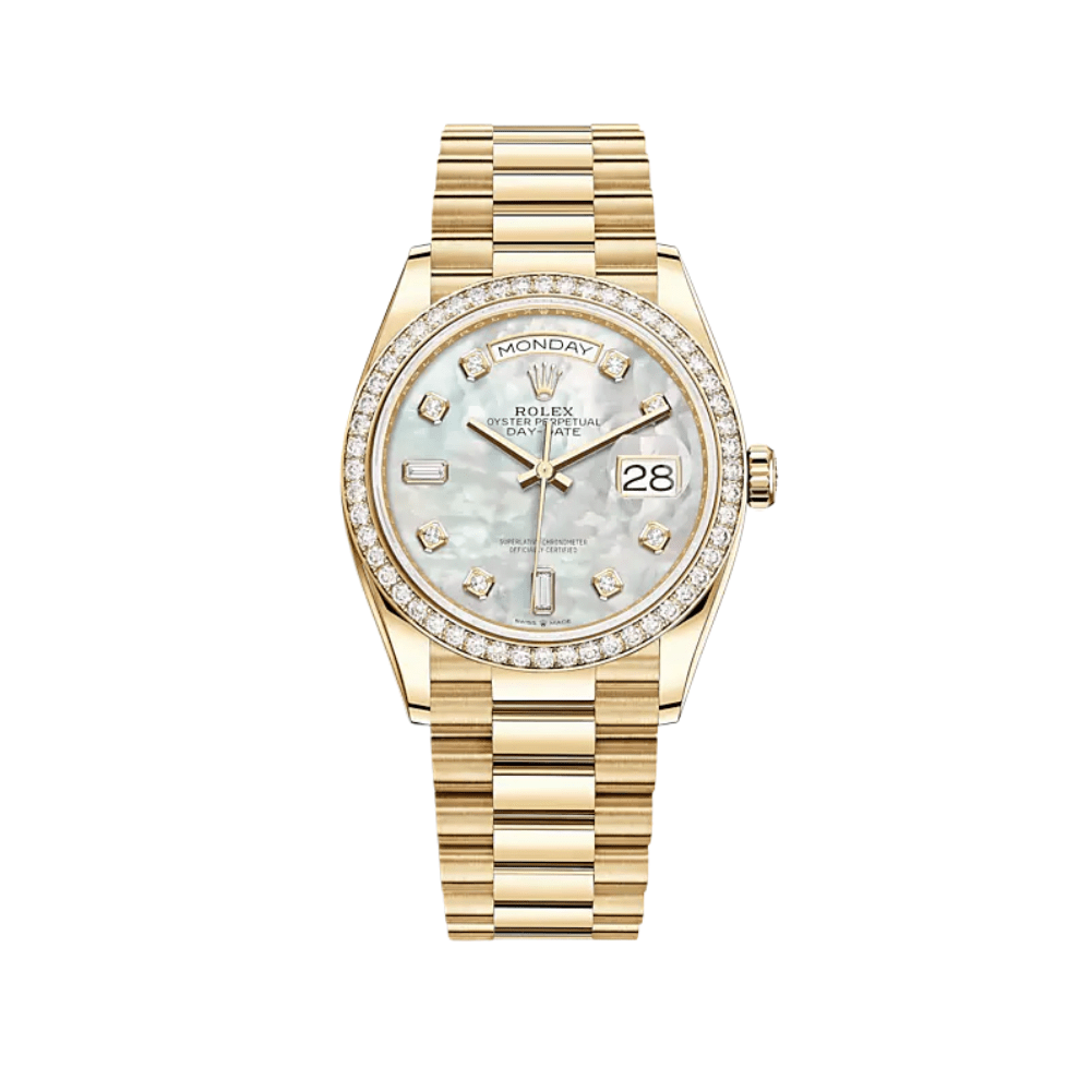 Luxury Watch Rolex Day-Date 36 Yellow Gold Diamond Bezel MOP Diamond Dial 128348RBR Wrist Aficionado