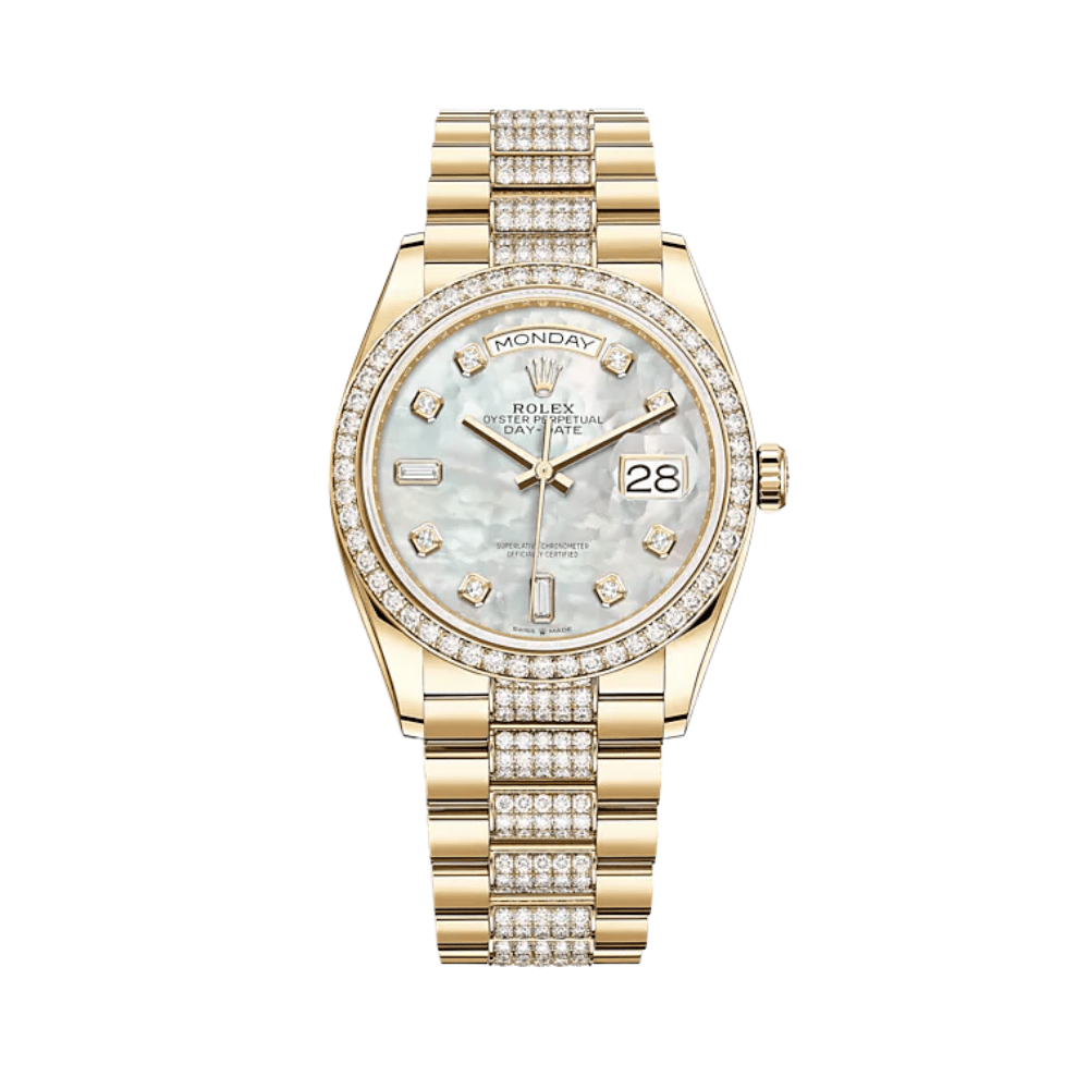 Luxury Watch Rolex Day-Date 36 Yellow Gold Diamond Bezel MOP Diamond Dial 128348RBR Wrist Aficionado