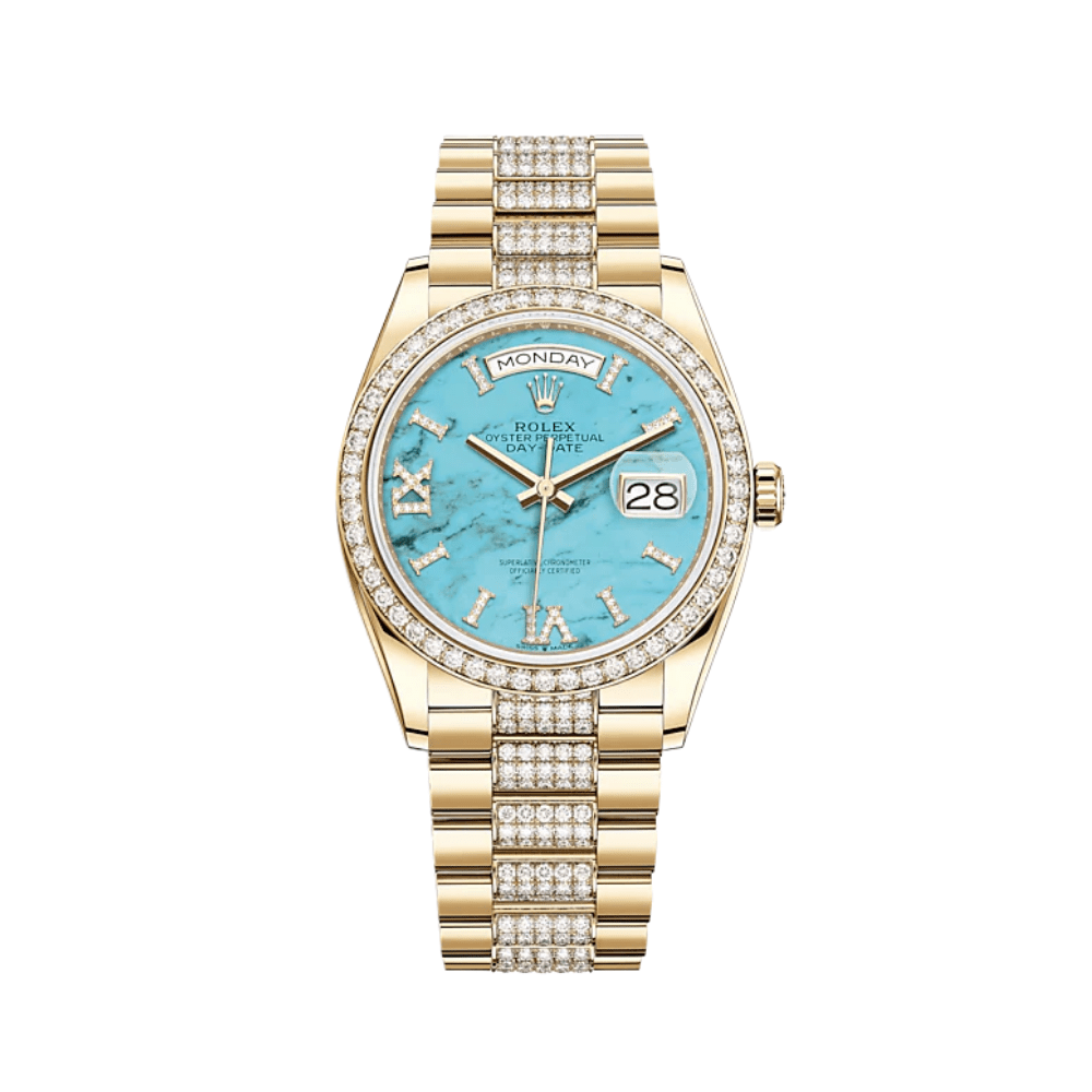 Luxury Watch Rolex Day-Date 36 Yellow Gold Diamond Bezel Turquoise Diamond Dial 128348RBR Wrist Aficionado