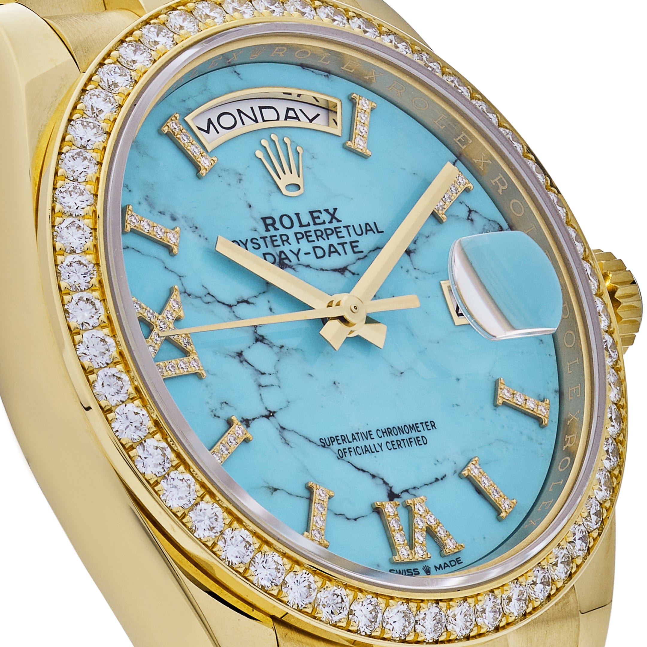 Luxury Watch Rolex Day-Date 36 Yellow Gold Diamond Bezel Turquoise Diamond Dial 128348RBR Wrist Aficionado