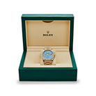 Luxury Watch Rolex Day-Date 36 Yellow Gold Diamond Bezel Turquoise Diamond Dial 128348RBR Wrist Aficionado