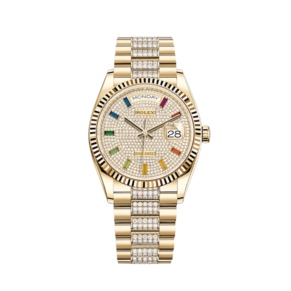 Rolex Day-Date 36 Yellow Gold Diamond-Paved Rainbow Dial 128238 wrist aficionado