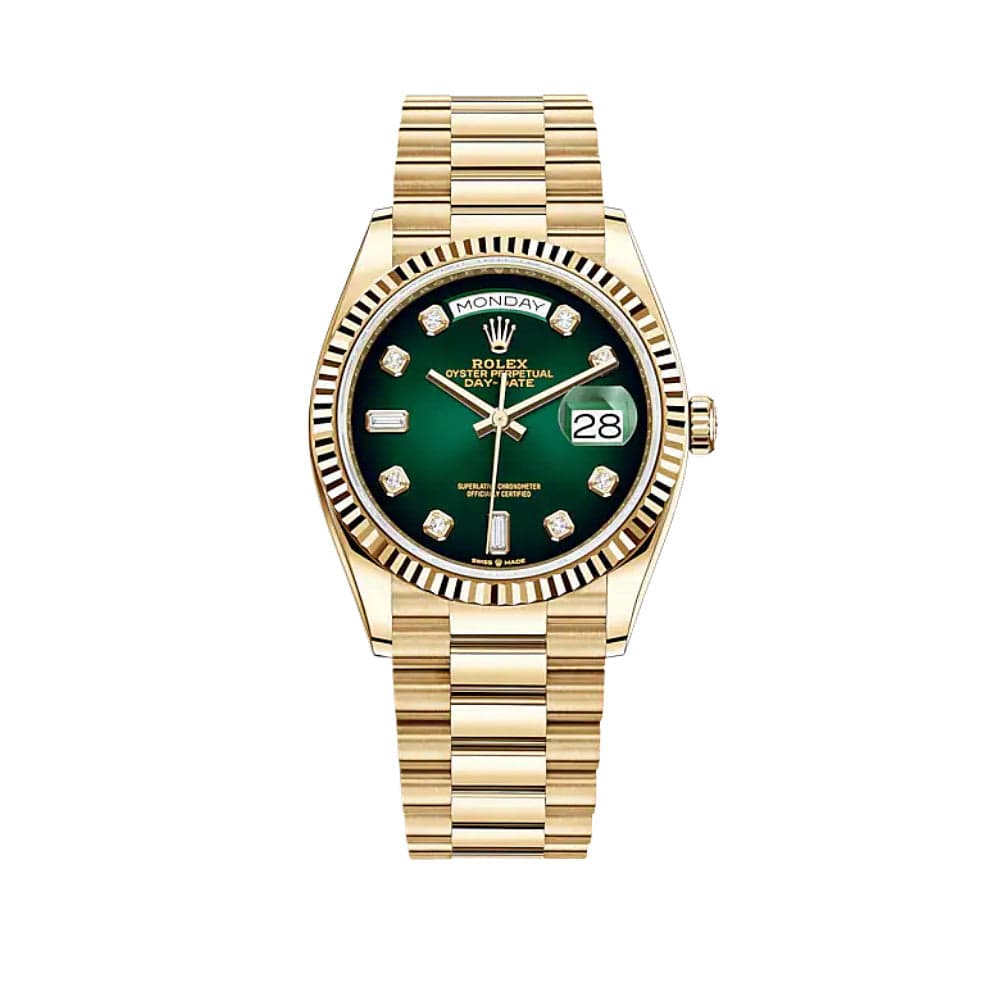 Luxury Watch Rolex Day-Date 36 Yellow Gold Green Diamond Dial 128238 Wrist Aficionado