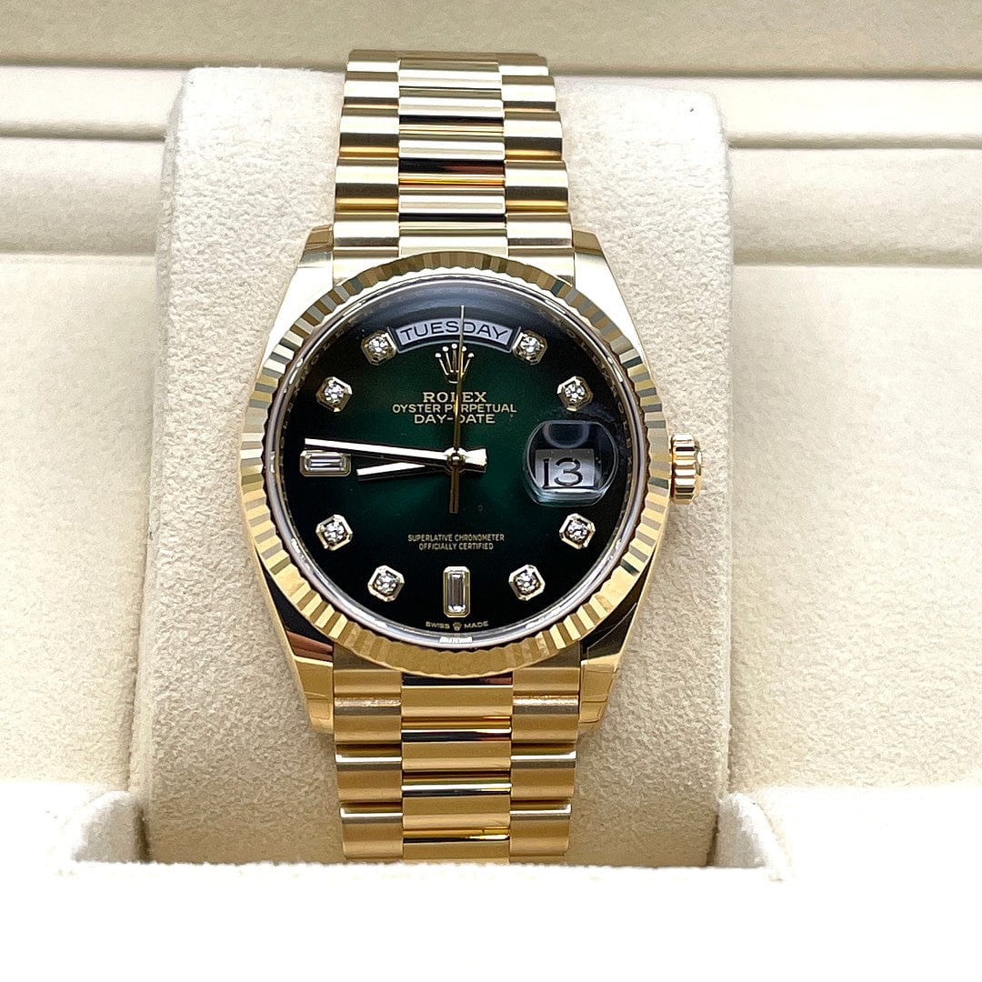 Luxury Watch Rolex Day-Date 36 Yellow Gold Green Diamond Dial 128238 Wrist Aficionado