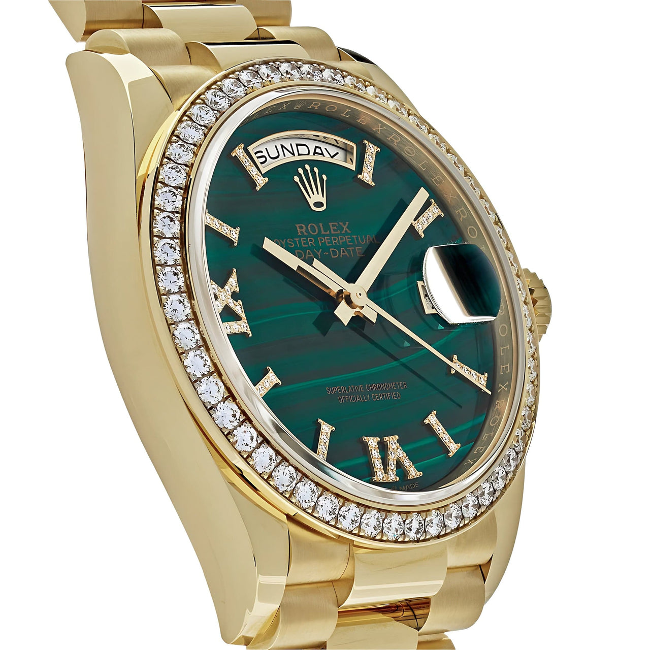 Rolex Day-Date 36 Yellow Gold Green Malachite Diamond Dial & Bezel 128348RBR