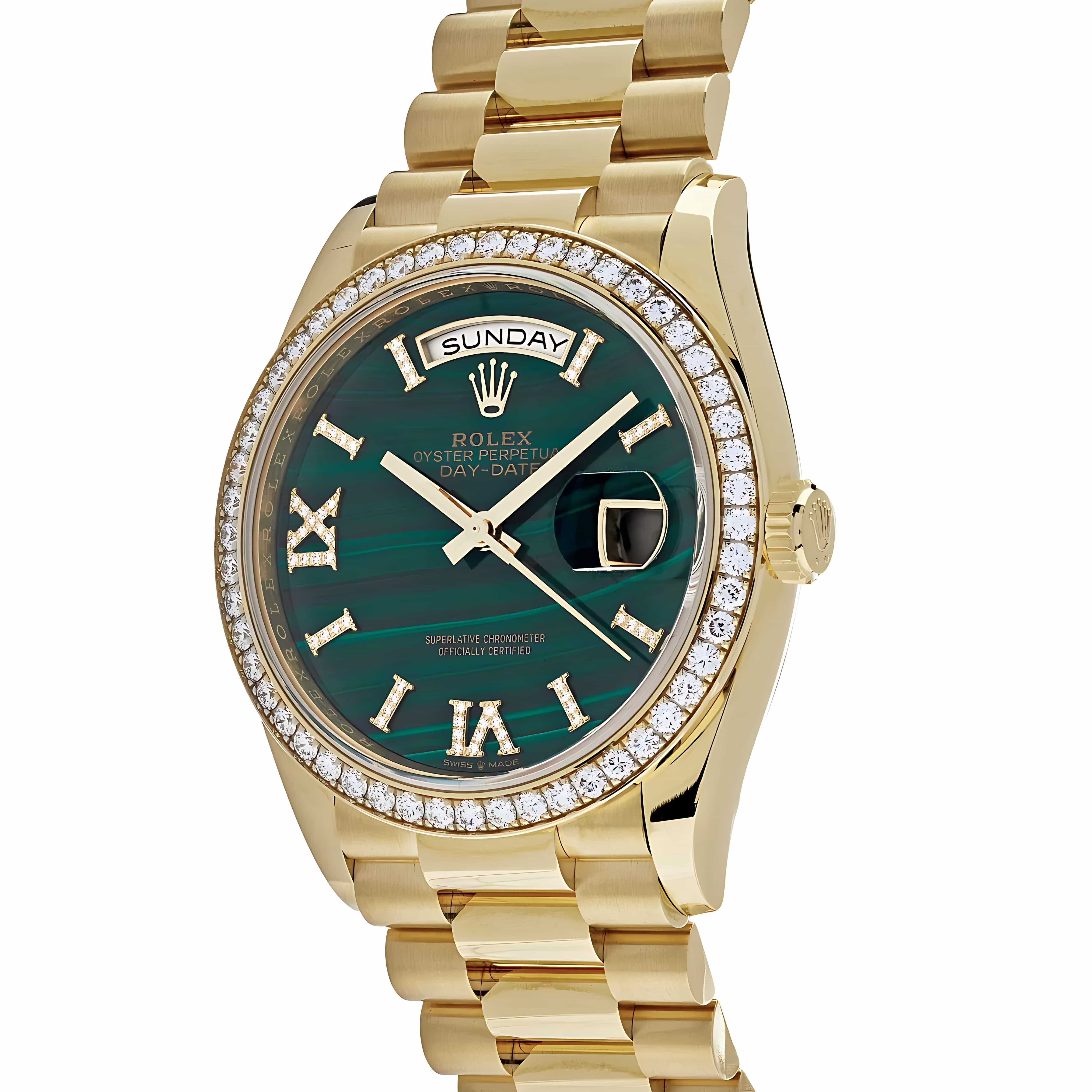 Rolex Day-Date 36 Yellow Gold Green Malachite Diamond Dial & Bezel 128348RBR