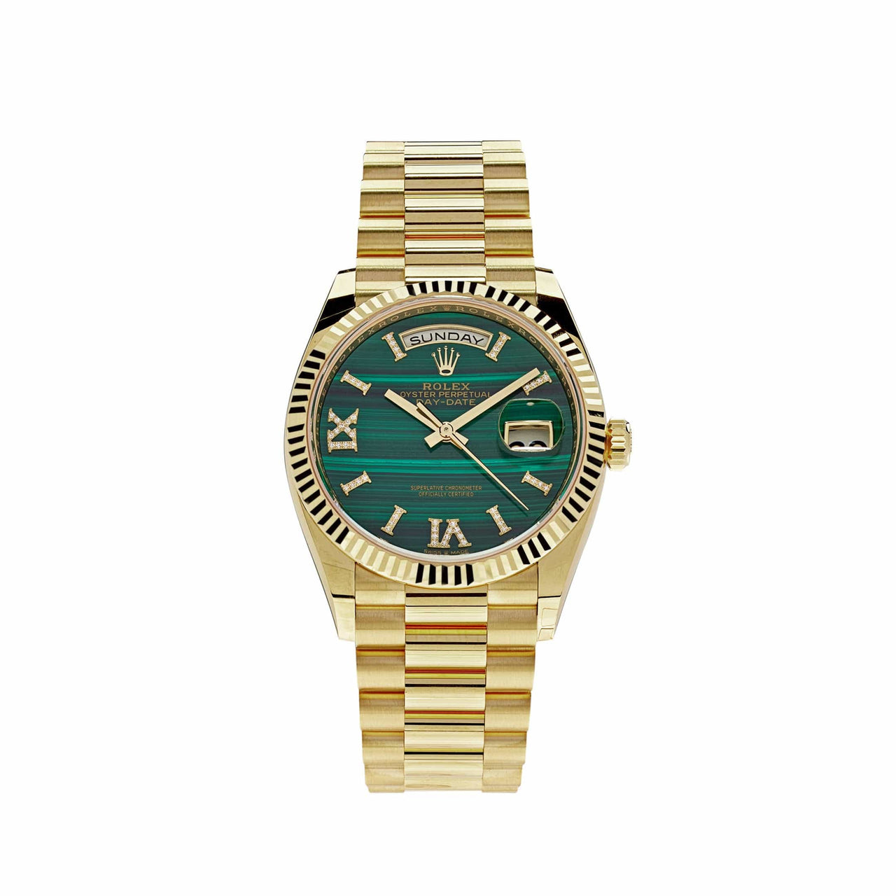 Luxury Watch Rolex Day-Date 36 Yellow Gold Green Malachite Roman Diamond Dial 128238 Wrist Aficionado