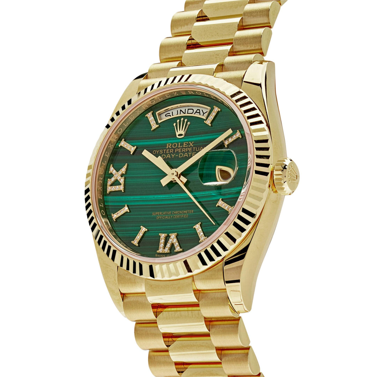 Luxury Watch Rolex Day-Date 36 Yellow Gold Green Malachite Roman Diamond Dial 128238 Wrist Aficionado