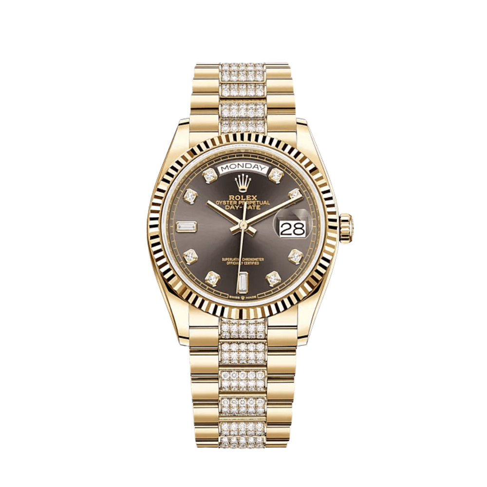 Luxury Watch Rolex Day-Date 36 Yellow Gold Grey Diamond Dial 128238 Wrist Aficionado