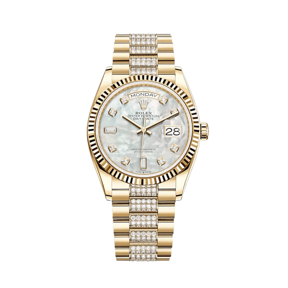 Luxury Watch Rolex Day-Date 36 Yellow Gold MOP Diamond Dial 128238 Wrist Aficionado