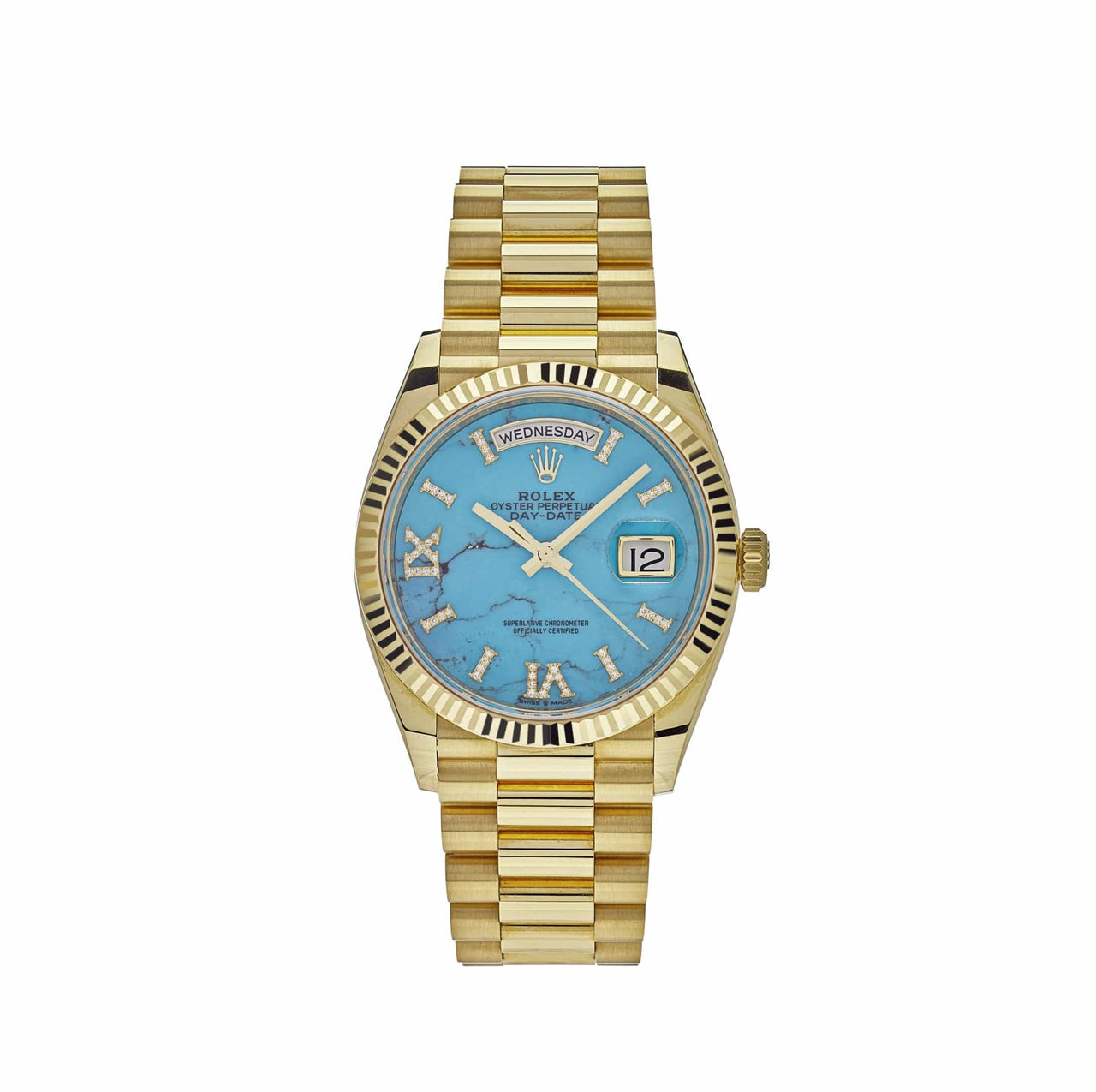 Luxury Watch Rolex Day-Date 36 Yellow Gold Turquoise Diamond Dial 128238 Wrist Aficionado