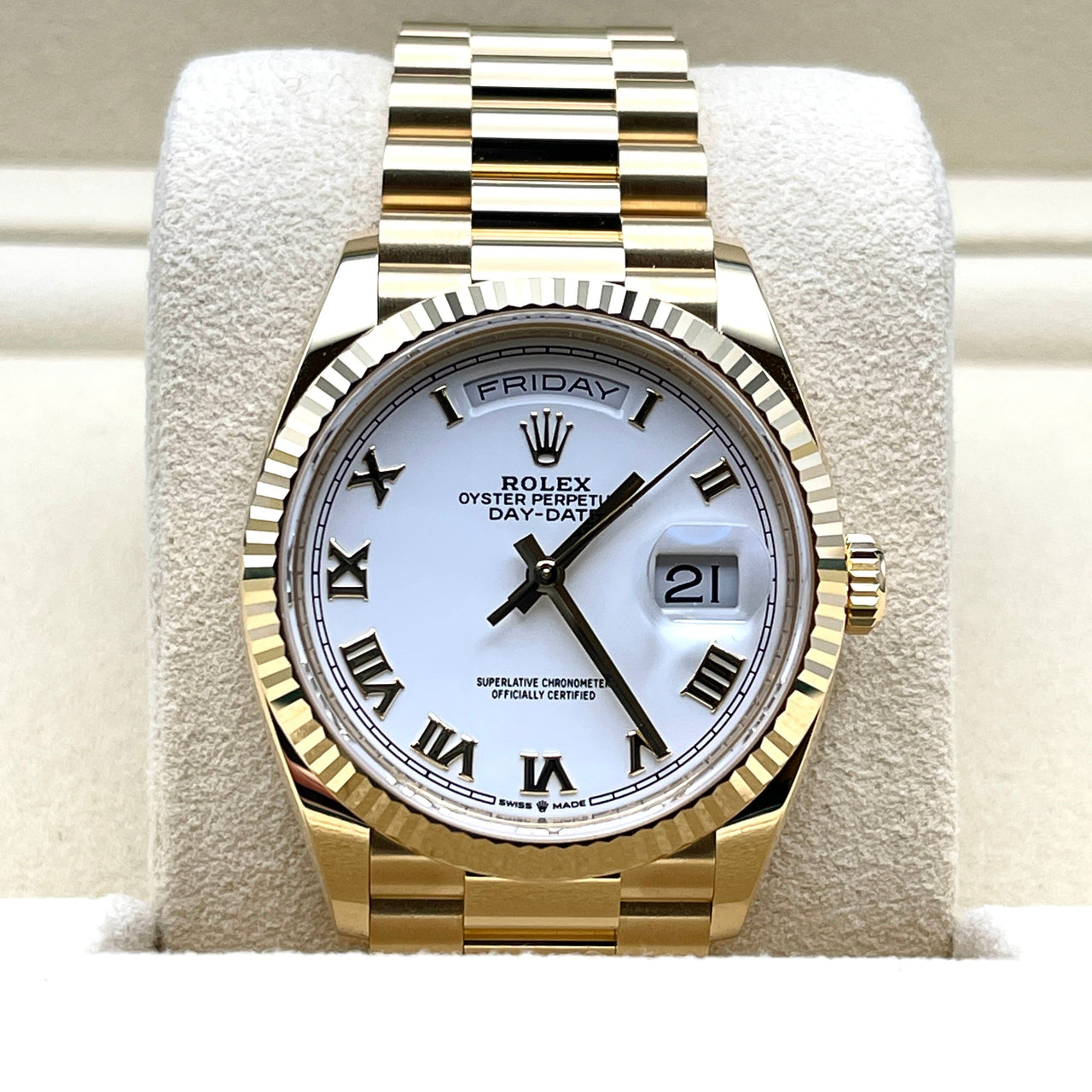 Luxury Watch Rolex Day-Date 36 Yellow Gold White Dial 128238 Wrist Aficionado