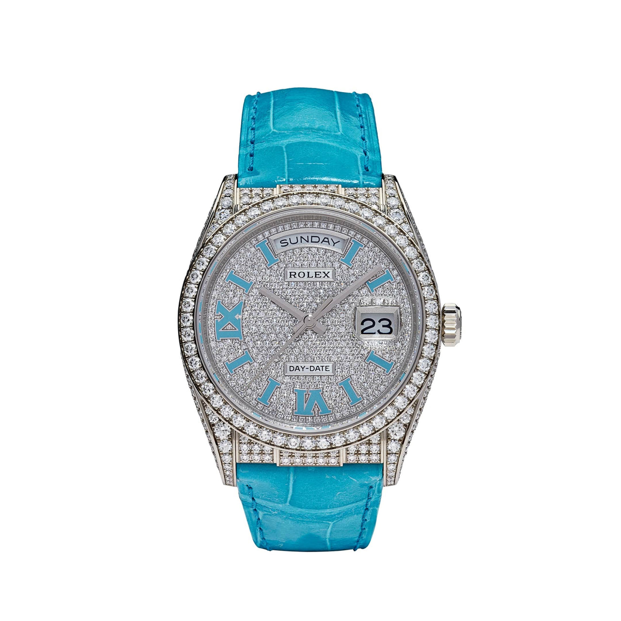 Luxury Watch Rolex Day-Date 36mm White Gold Diamond Pave Roman Numeral Dial 128159RBR Wrist Aficionado