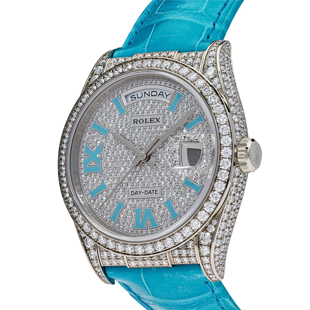 Luxury Watch Rolex Day-Date 36mm White Gold Diamond Pave Roman Numeral Dial 128159RBR Wrist Aficionado
