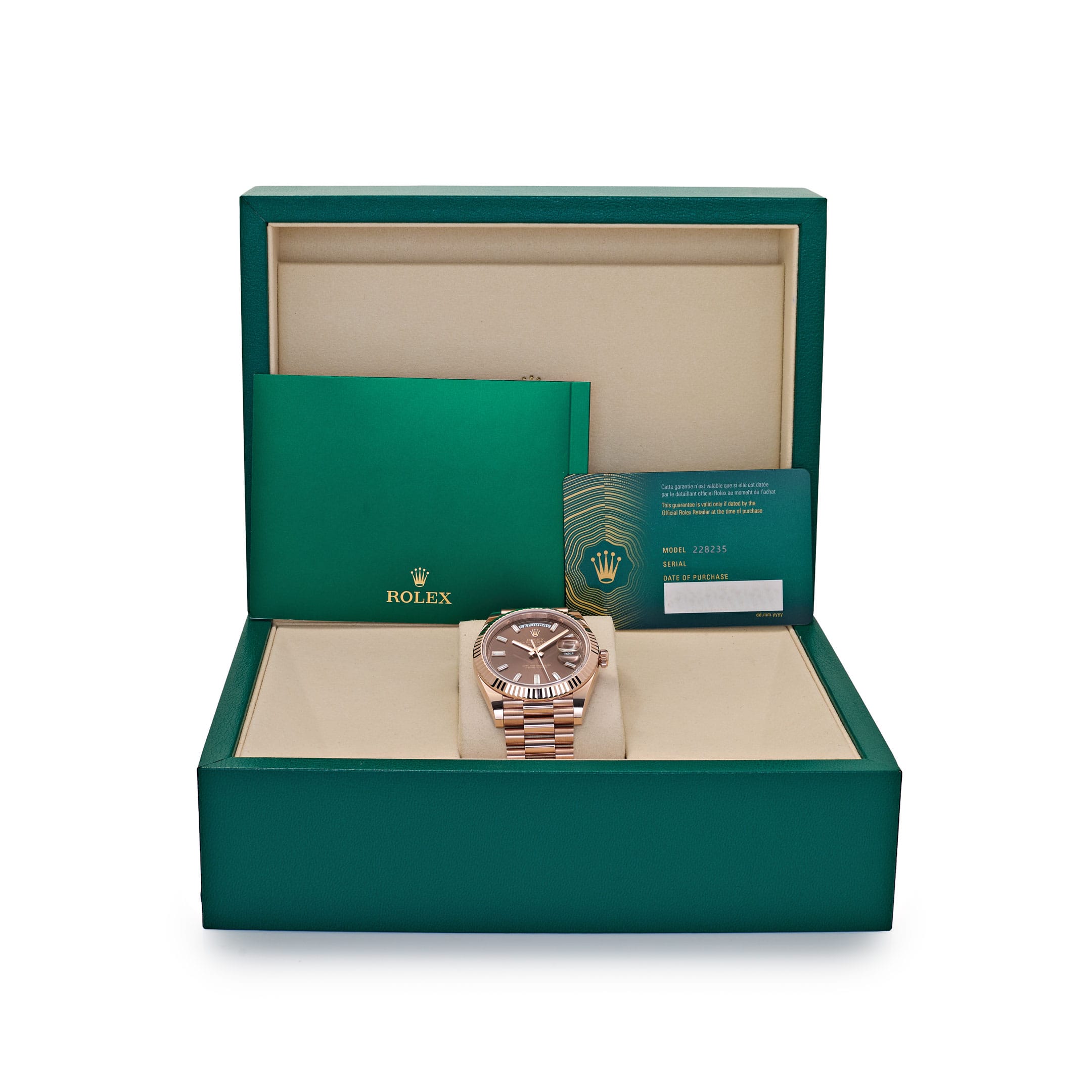 Rolex Day-Date 40 228235 Rose Gold Chocolate Diamond Baguette Dial (2026)