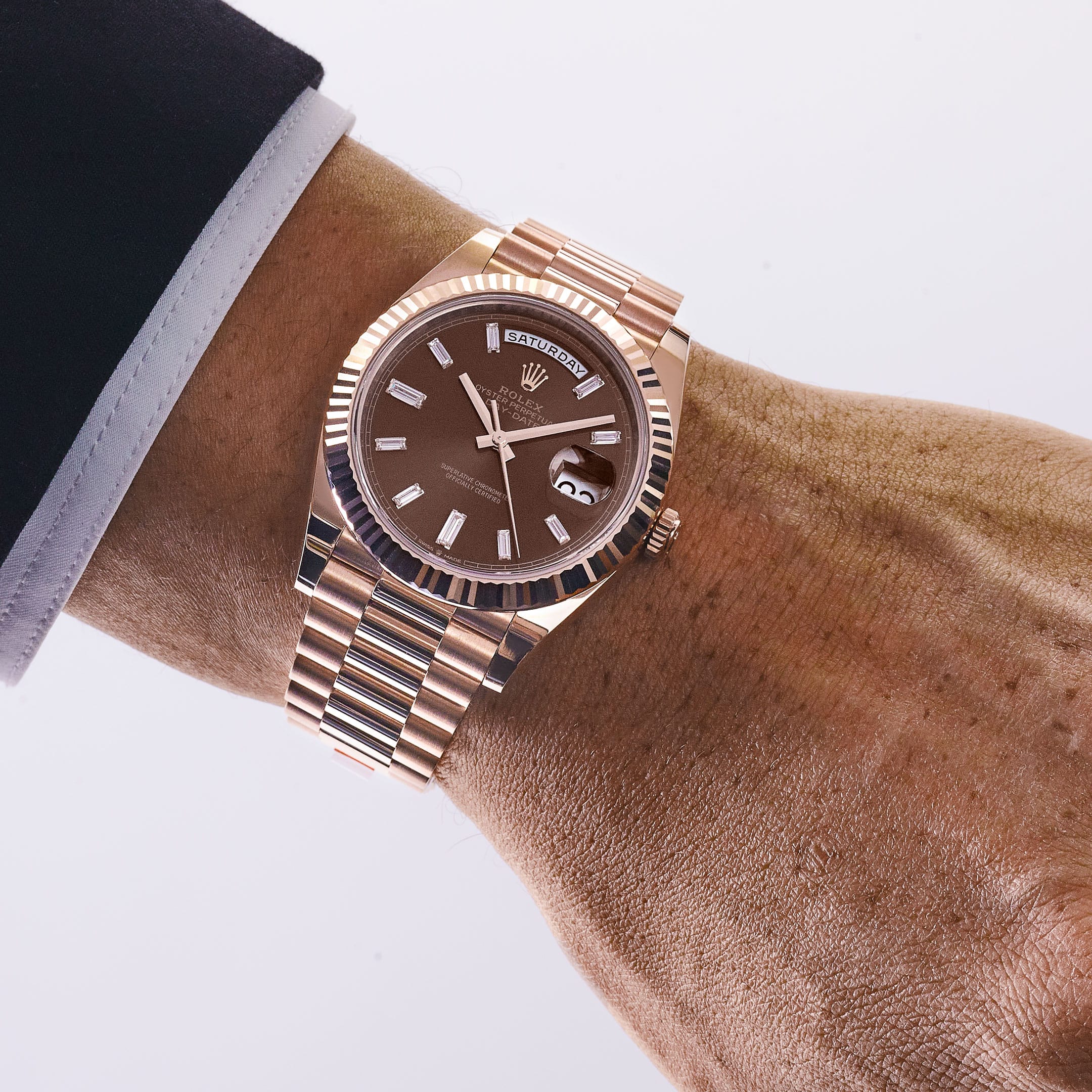 Rolex Day-Date 40 228235 Rose Gold Chocolate Diamond Baguette Dial (2026)