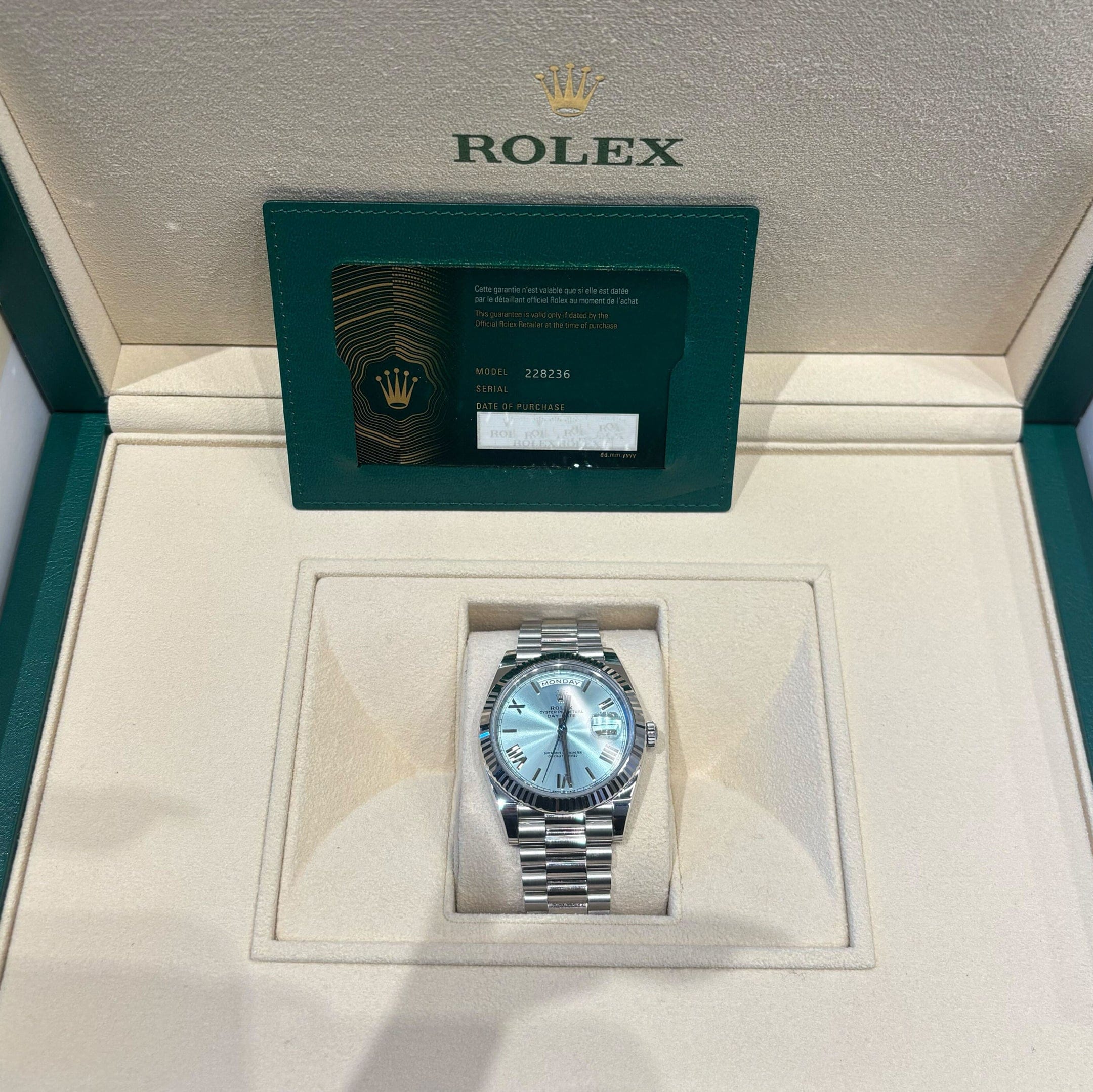 Rolex Day-Date 40 228236 Platinum Ice Blue Roman Numerals Dial (2025)