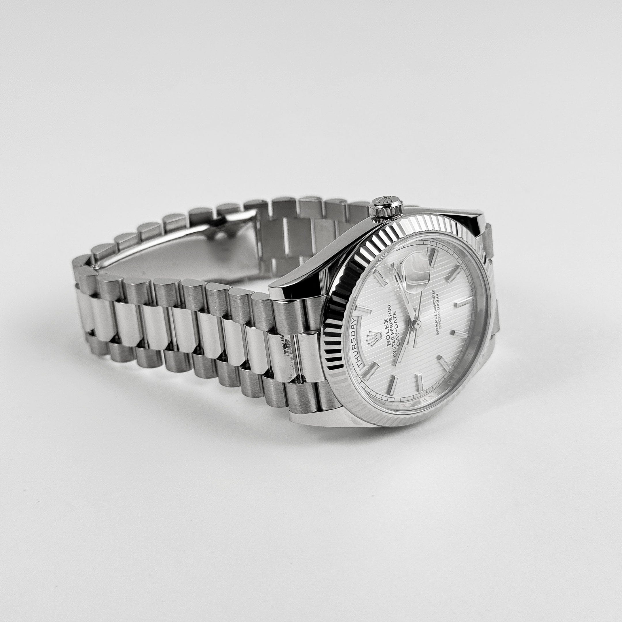 Rolex-Day Date 40 228239 White Gold Silver Stripe Motif Dial (2018)
