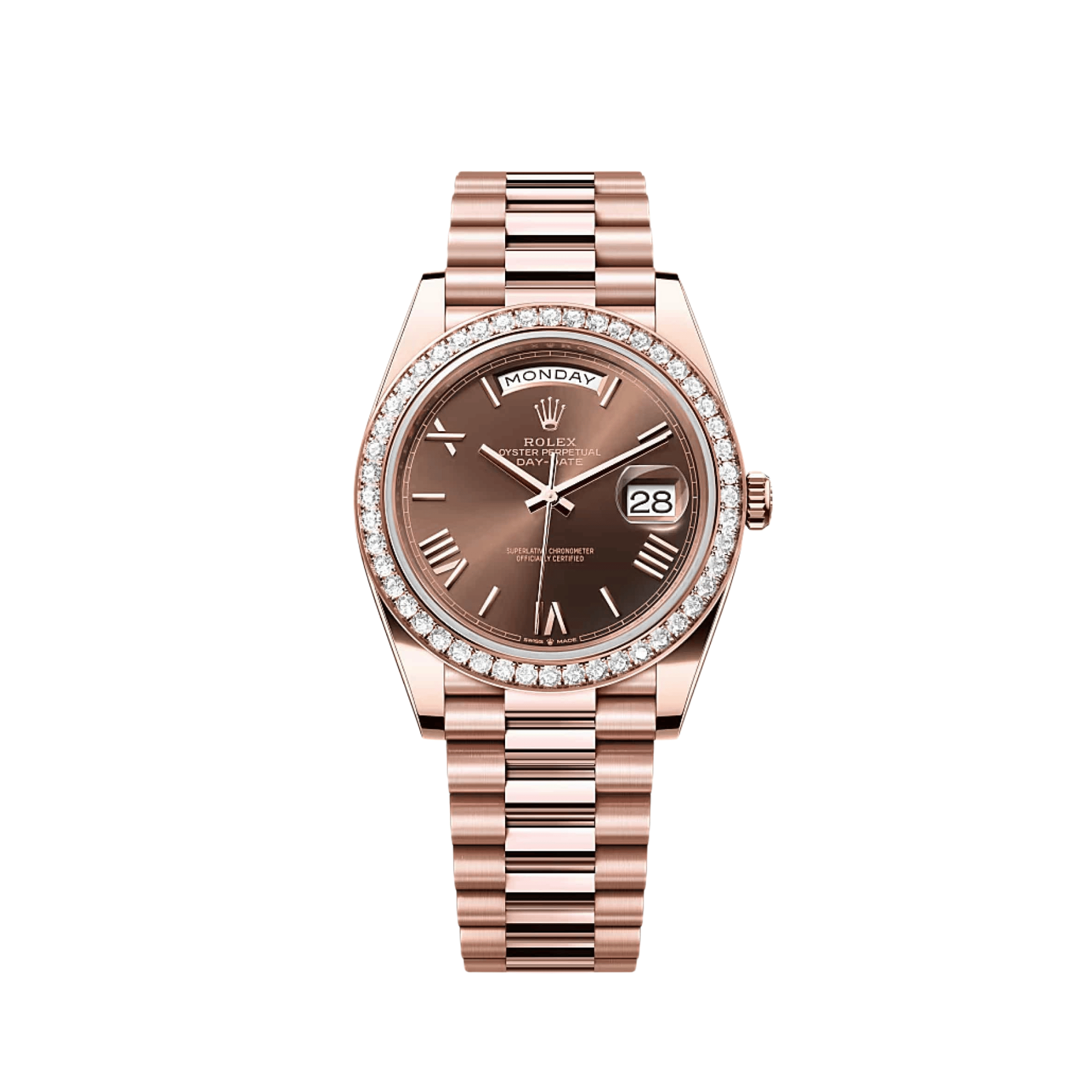Rolex Day-Date 40 228345RBR Rose Gold Chocolate Roman Dial Diamond Bezel