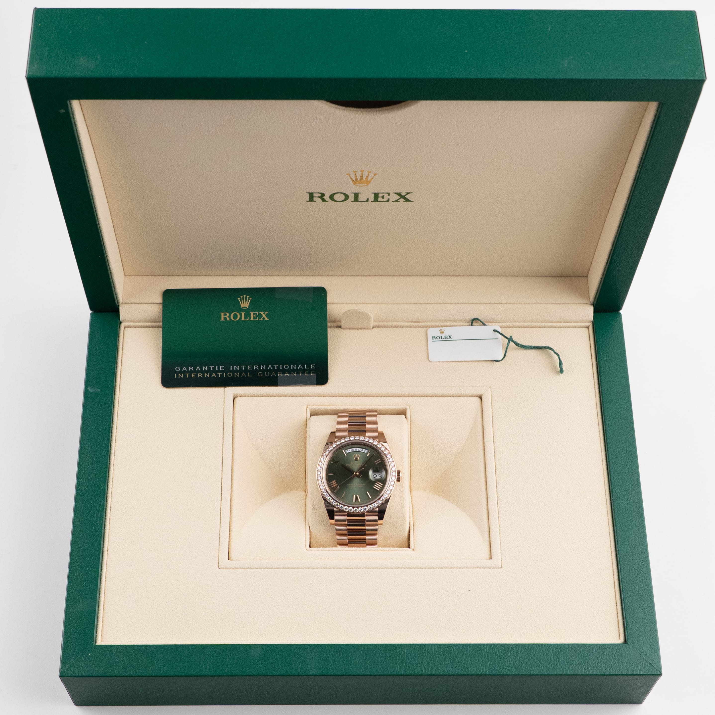 Rolex Day-Date 40 228345RBR Rose Gold Olive Green Roman Numerals Dial Diamond Bezel (2021)