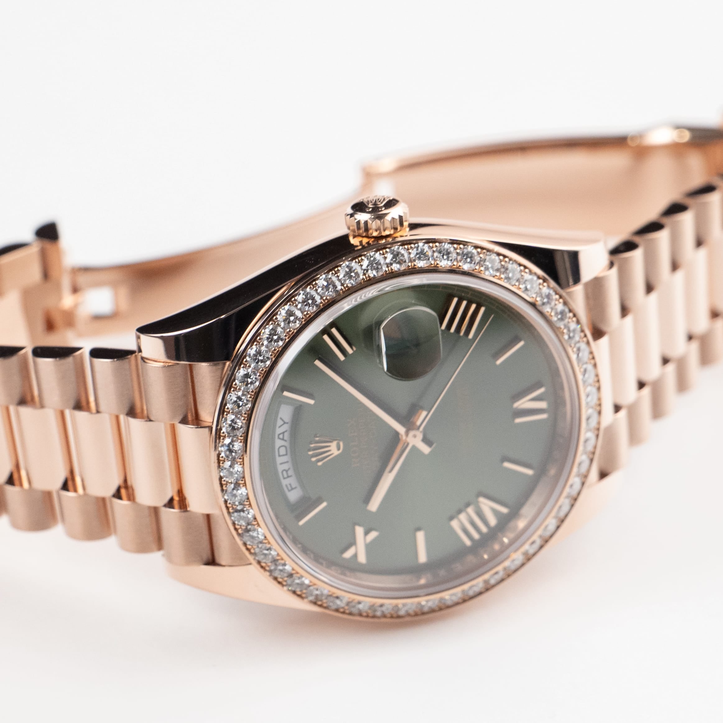 Rolex Day-Date 40 228345RBR Rose Gold Olive Green Roman Numerals