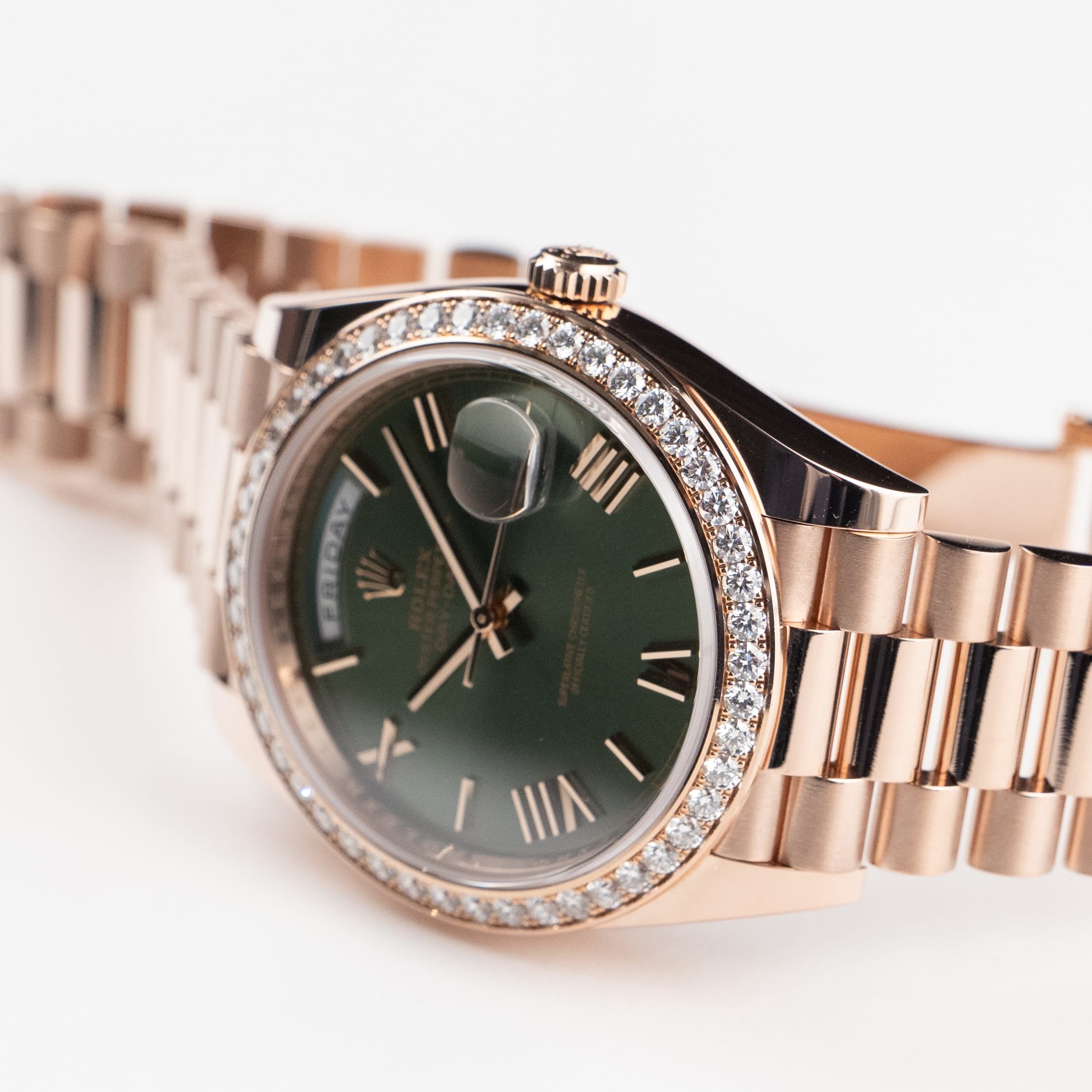 Rolex Day-Date 40 228345RBR Rose Gold Olive Green Roman Numerals Dial Diamond Bezel (2021)