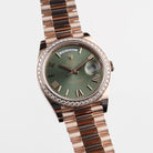 Rolex Day-Date 40 228345RBR Rose Gold Olive Green Roman Numerals Dial Diamond Bezel (2021)