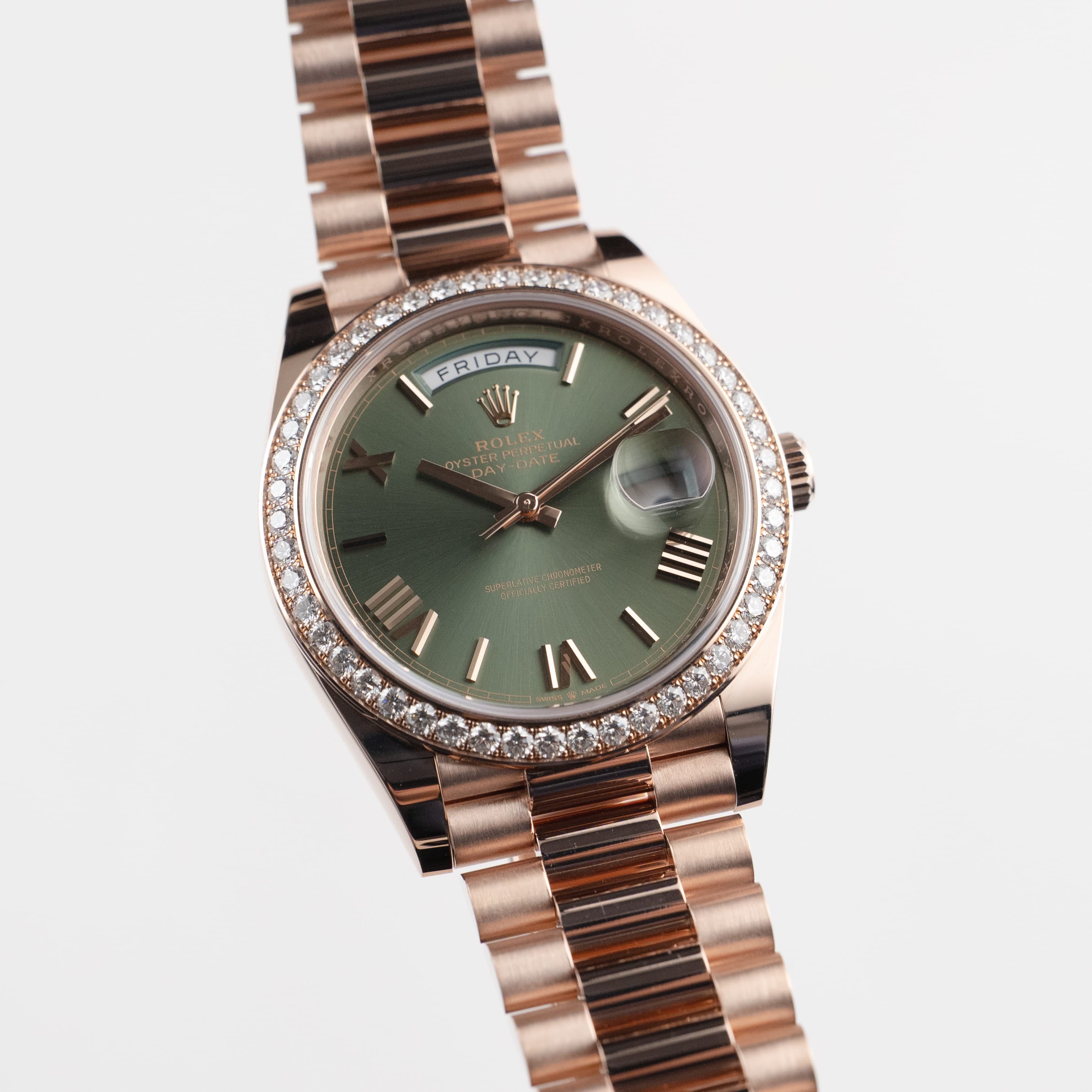Rolex Day-Date 40 228345RBR Rose Gold Olive Green Roman Numerals Dial Diamond Bezel (2021)