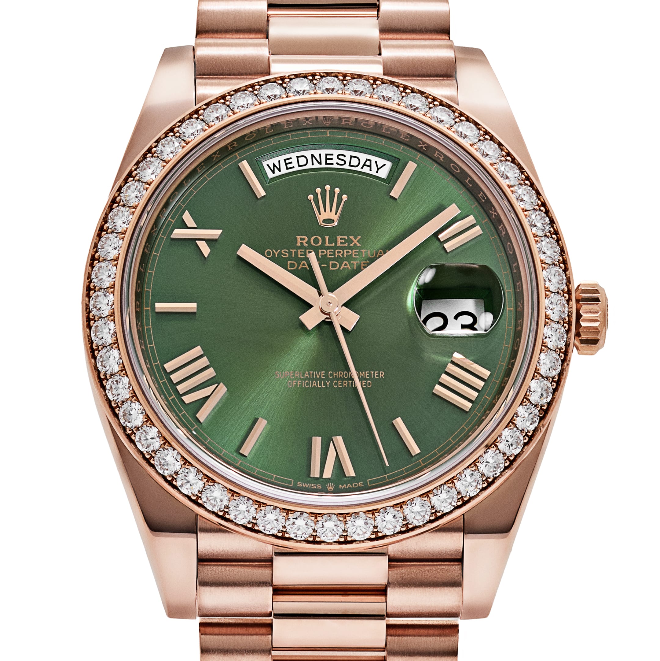 Rolex Day-Date 40 228345RBR Rose Gold Olive Green Roman Numerals Dial Diamond Bezel (2021)