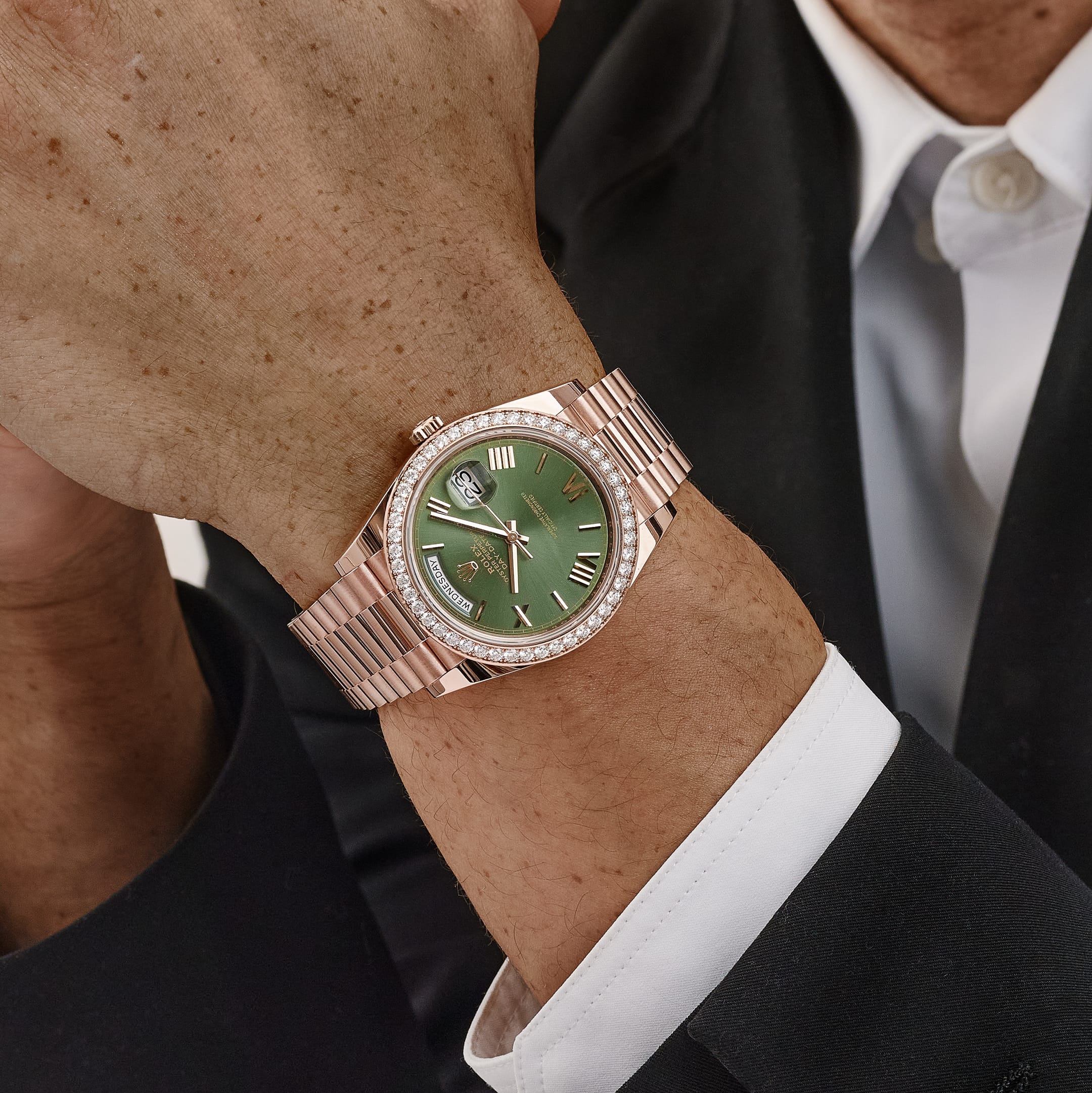 Rolex Day-Date 40 228345RBR Rose Gold Olive Green Roman Numerals Dial Diamond Bezel (2021)
