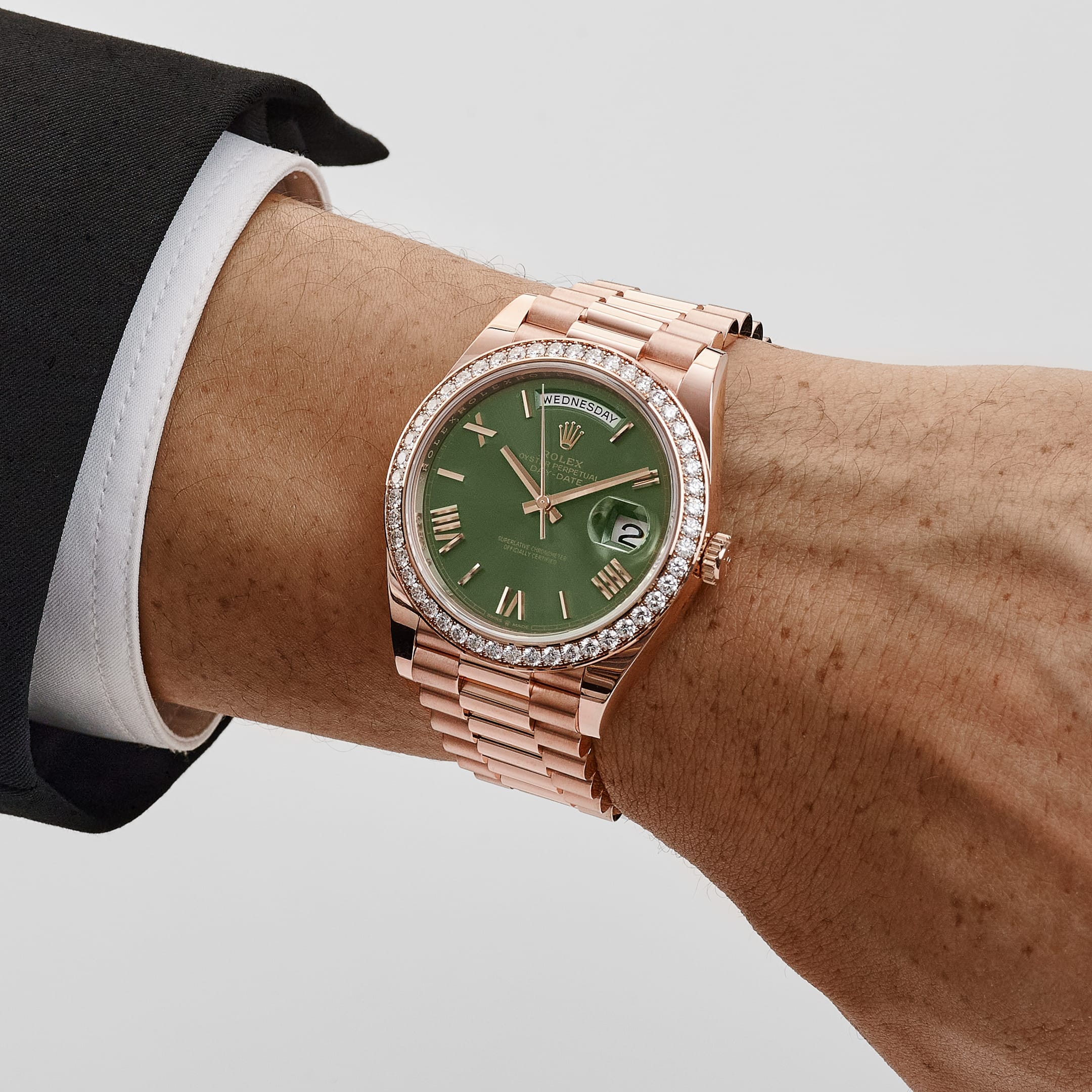 Rolex Day-Date 40 228345RBR Rose Gold Olive Green Roman Numerals Dial Diamond Bezel (2021)