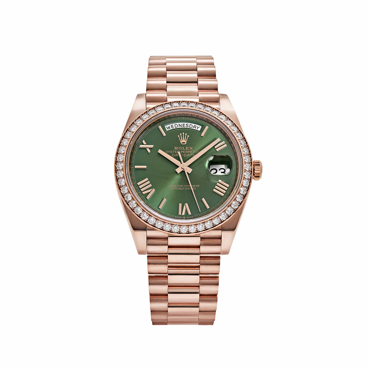 Rolex Day-Date 40 228345RBR Rose Gold Olive Green Roman Numerals Dial Diamond Bezel