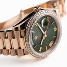 Rolex Day-Date 40 228345RBR Rose Gold Olive Green Roman Numerals Dial Diamond Bezel (2021)
